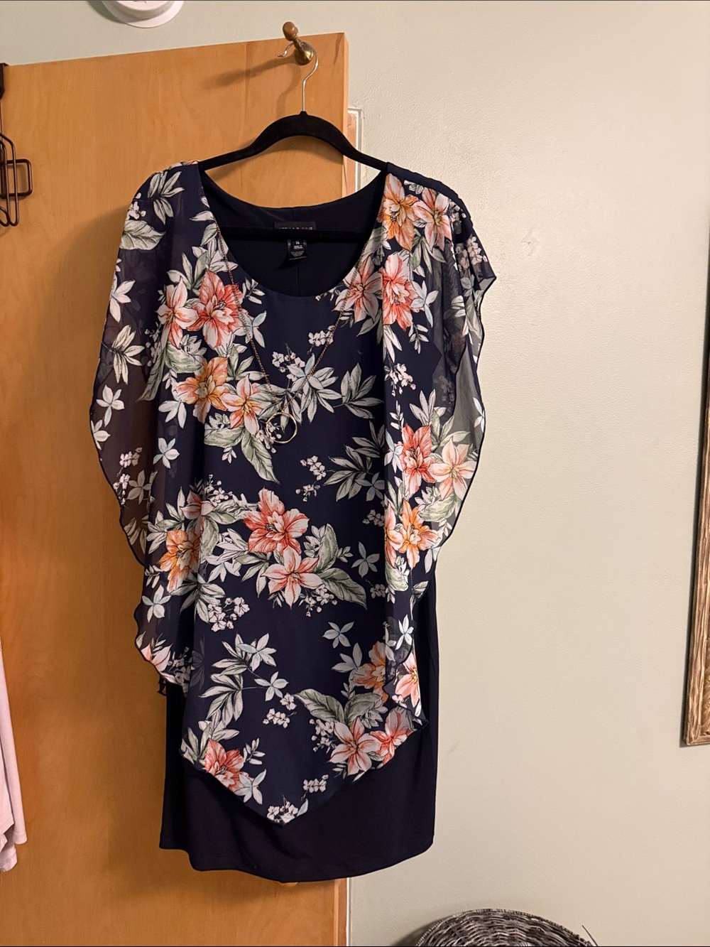 Floral Navy Overlay Women’s Top - Elegant Sheer Sleeve